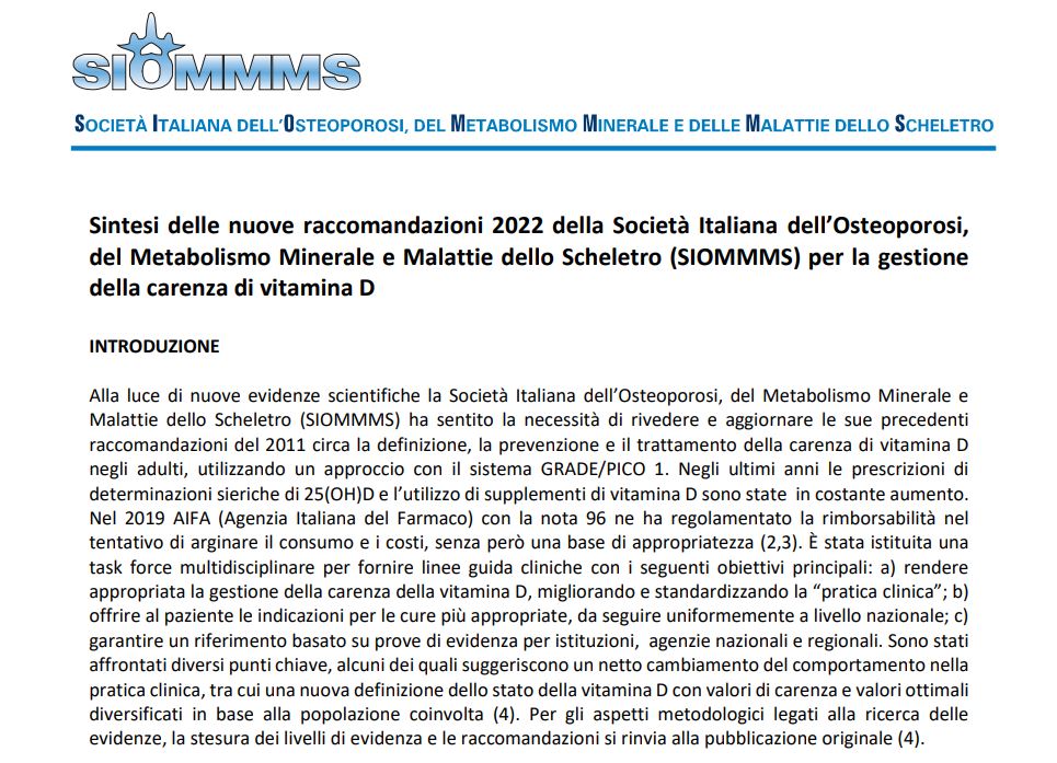 Sintesi in italiano delle nuove raccomandazioni 2022 SIOMMMS per la gestione della carenza di vitamina D