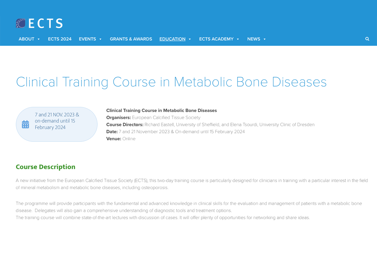 ECTS – European Calcified Tissue Society PhD Training Course 7 and 21 November 2023 & on-demand until 15 February 2024